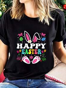 1 Piece, 100% Cotton, Happy Easter, Cute Women Searching For Colorful Eggs, Women's Clothing, 210g, 100% Cotton, Patterns Are All Printed. Unisex. - 黑色 - 查看 6