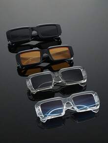 Set de 4 gafas de hombre con montura rectangular de borde ancho, de unicolor, con estilo clásico y elegante, adecuadas para conducir, vestir con elegancia, viajar, un accesorio de moda esencial - 4 piezas Combinación transparente gris, negro, naranja, gris y azul - Ver 6