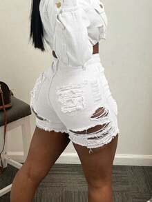 MUZZ Women's Summer Vacation Casual Party Denim Shorts, Music Festival Fashion Sexy Ripped Stretch Skinny Straight Jeans White, Y2K Aesthetic - White - View 4