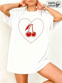 Camiseta de modara mujeres | Patrón de corazón de cereza con estampado frontal blanco | Vestido casual cómodo para tres diarios y estilo cajero - Blanco - Ver 2