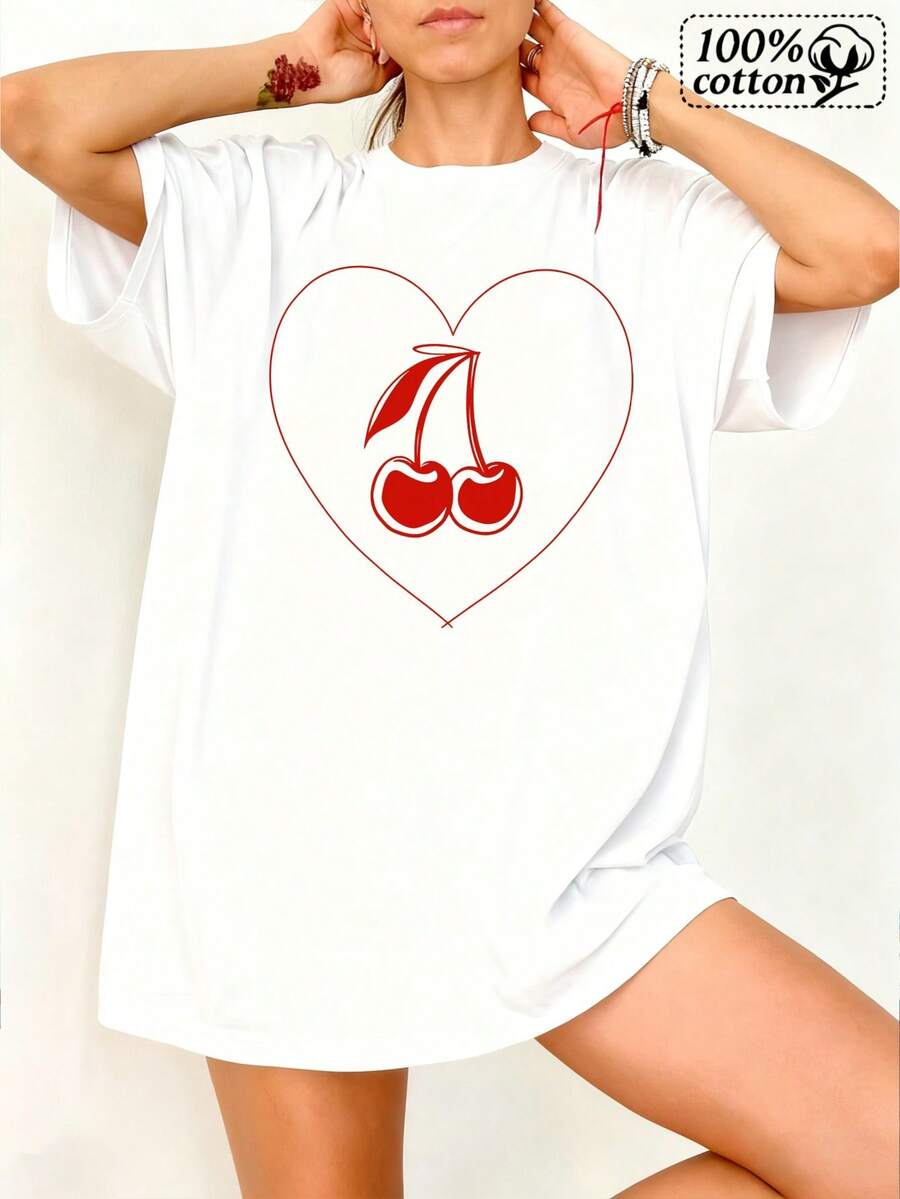 Camiseta de modara mujeres | Patrón de corazón de cereza con estampado frontal blanco | Vestido casual cómodo para tres diarios y estilo cajero