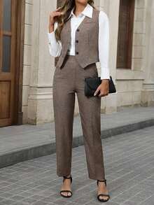 Conjunto de blusa con botones delanteros y pantalones casuales con bolsillo para mujer en otoño/invierno - Caqui - Ver 4