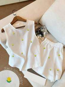 Conjunto de top de tirantes y shorts con bordado floral diminuto - Blanco - Ver 5