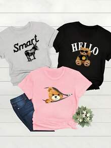 Camiseta casual de verano de una pieza, con estampados en inglés y de dibujos animados, de manga corta y cuello redondo, adecuada para mujeres. - Negro - Ver 1