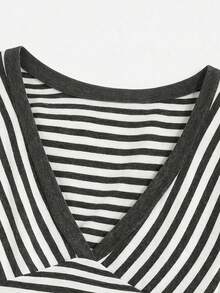 Women's Striped Deep V-Neck Short Sleeve Fitted Knit Top - Dark Grey - View 4