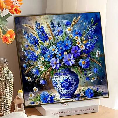 1 pieza Nuevo Pintura de diamante acrílico 5D redondo, con tema de jarrón floral azul y blanco, obra de arte de mosaico de diamantes hecha a mano. Adecuado para la decoración de la pared del hogar, agrega un ambiente artístico, un regalo pensado para la novia, los padres, los amigos y las vacaciones para expresar calidez y estética. Sin marco