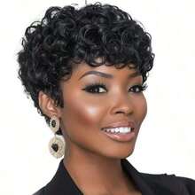 6 Inch Brazilian Remy Human Hair Wig - Natural Curly Pixie Cut With Finger Wave Texture 180% Density Human Hair Perfect For Daily Wear & Party & Holiday, 6 Inch Instant Hairstyle With Volume - Natural Black - View 2