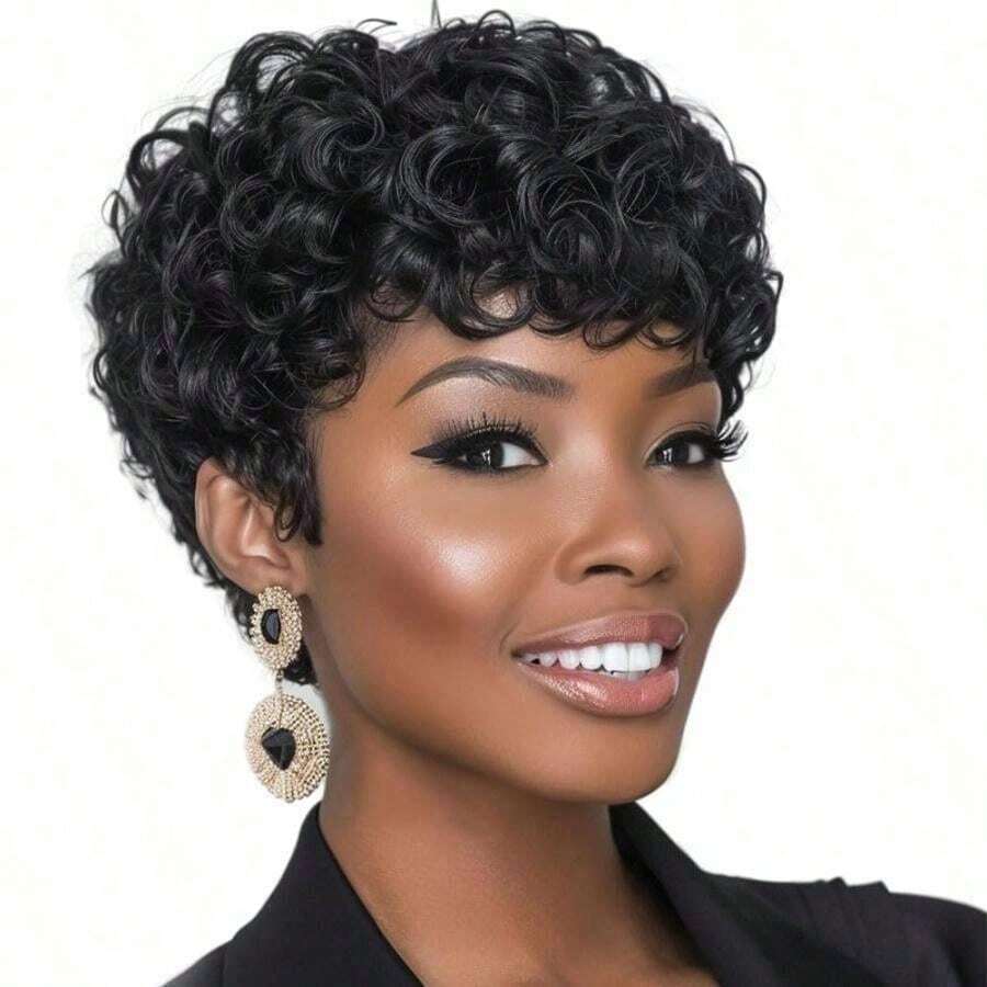 6 Inch Brazilian Remy Human Hair Wig - Natural Curly Pixie Cut With Finger Wave Texture 180% Density Human Hair Perfect For Daily Wear & Party & Holiday, 6 Inch Instant Hairstyle With Volume