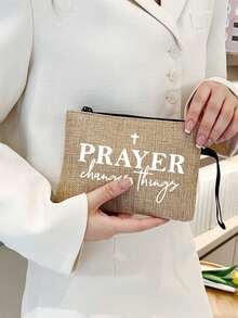 女款時尚「Prayer」字母印花手提包附拉鍊收納袋，多功能女包，派對、節日禮物，時尚手提包與化妝包套組，適合婚禮、生日、海灘與假期，送給家人與朋友的禮物。適合學生、返校季與教師，中性、情侶、日常使用、約會、返校季、夏季、度假、海灘、旅行、通勤、商務、學生、野餐、露營、超市、日常收納。 - 彩色 - 查看 4