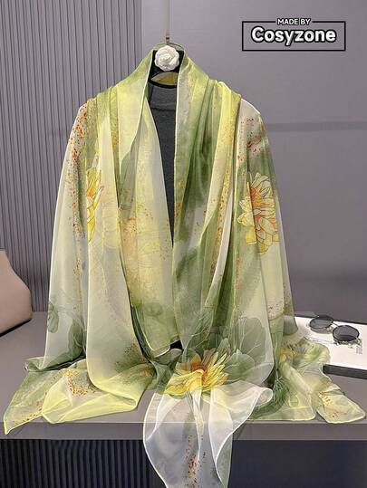 1pc Elegant Lotus Flower Print Chiffon Scarf, Women's Fashion Decorative Soft Shawl, Suitable For Outdoor Activities, Casual, Entertainment And Accessory Matching, Can Be Used As Headscarf, Headband, Easily Decorate Outfits And Enhance Styling