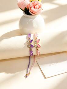 Set de 6 pulseras trenzadas de cuerda con dijes de mariposa esmaltados, ajustables, hechas a mano, de cuerda de amistad multicolor, estilo bohemio, apilables, joyería minimalista de amuleto de la suerte como accesorio de uso diario, regalo - Multicolor - Ver 6