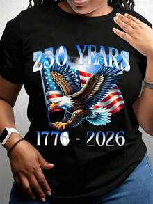 1 Piece  Patriotic T-Shirt 250 Years Independence Day Celebration 1776-2026 For Women, Men, Unisex, Graphic Tee With US Flag, Birthday Party Gift, Clothing, 180g, 100% Cotton, Designs Are Printed. Unisex. - 黑色 - 查看 2