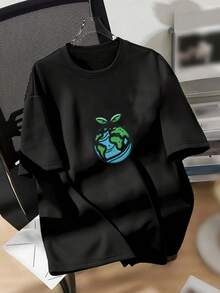 Camiseta de manga corta con estampado gráfico, hombros caídos y cuello redondo, estilo casual para primavera y verano, ropa de mujer Y2k. - Negro - Ver 1