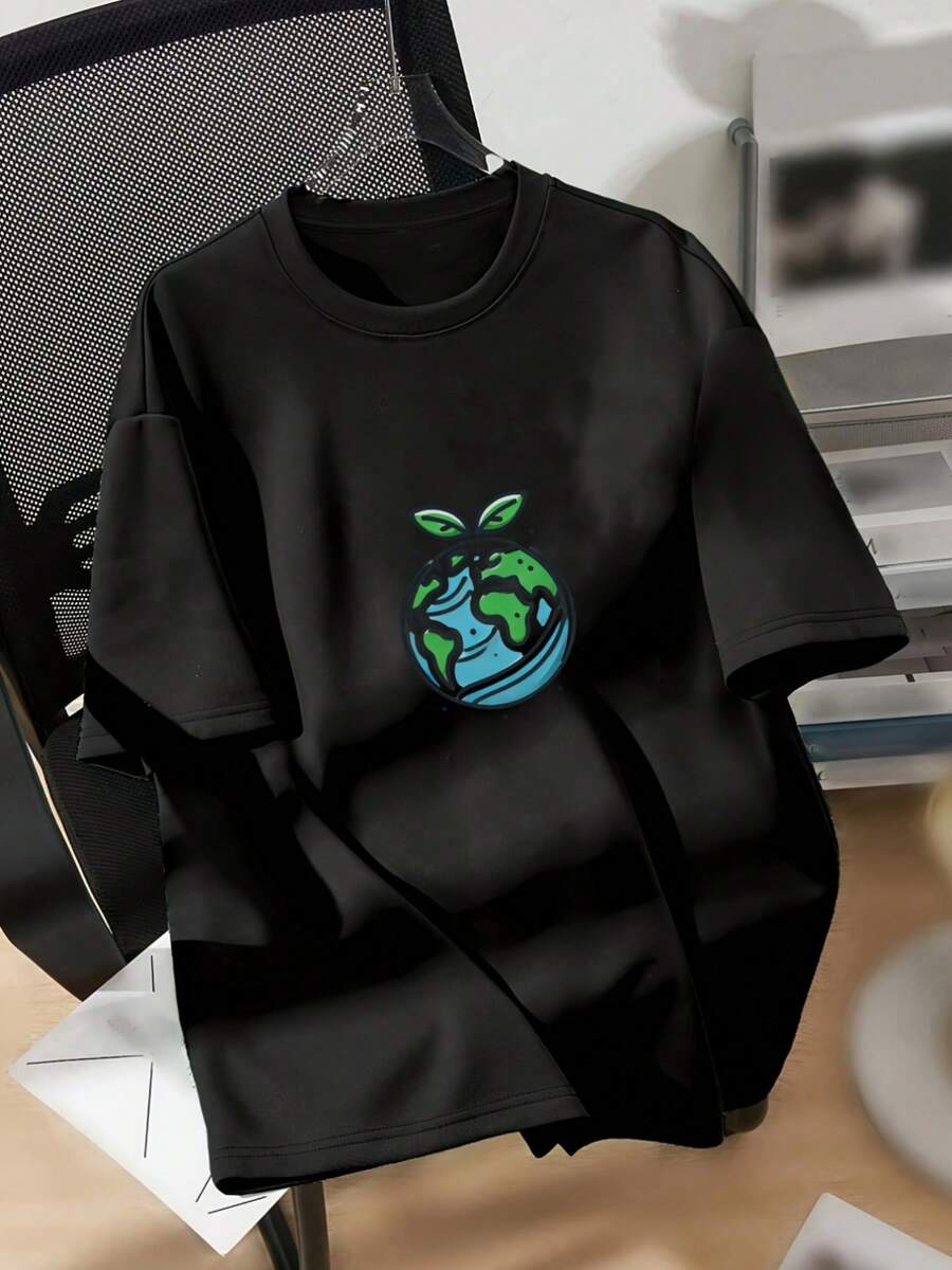 Camiseta de manga corta con estampado gráfico, hombros caídos y cuello redondo, estilo casual para primavera y verano, ropa de mujer Y2k. - Negro - Ver 1