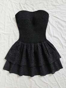Vestido azul marino con cintura ceñida, plisado, sin tirantes, sexy, calado, con bordado y dobladillo fruncido, estilo vacaciones - Negro - Ver 4