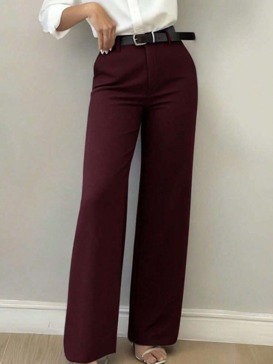 Pantalones casuales de pierna acampanada con diseño minimalista para mujer, adecuados para ir al trabajo, la oficina, uso diario, todo el año, color rosa primaveral - Burdeos - Ver 1