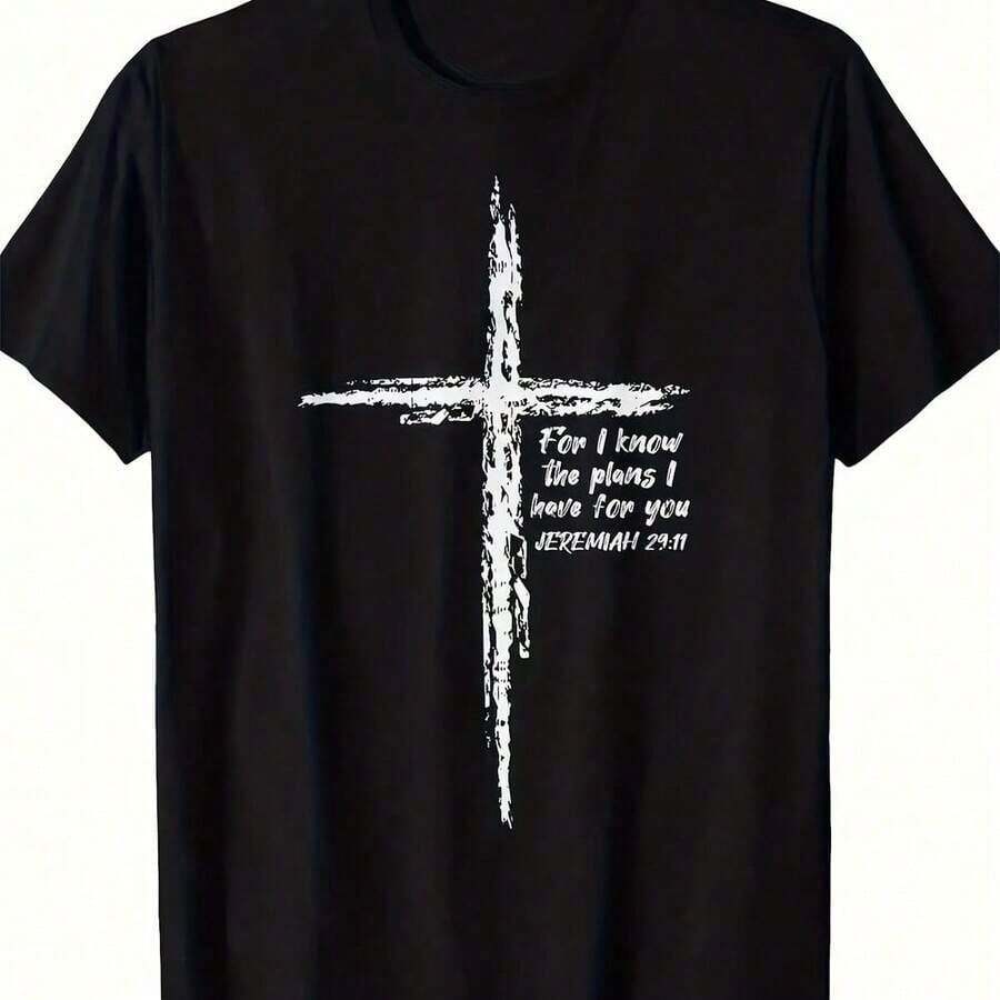 1 Soft Short Sleeve T-Shirt – Featuring A Design Of Jeremiah 24:7 Scripture And A Cross, Stylish All-Season Casual Crew Neck T-Shirt, Comfortable To Wear All Year Round, Unique 's Day Gift Idea, Opaque Fabric For Summer Wear, Moisture-Wicking, Urban Casual Style, For Adults, Outdoor Activities, Earth Day, 180g 100% Cotton. - 黑色 - 查看 1