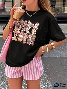 Women's Y2K Personalized T-Shirt, Made Of 180g Cotton, With A Relaxed Fit And Short Sleeves. Its Stylish Urban Design Is Casual And Breathable, Perfect For Everyday Wear. This Creative Print Makes It A Great Gift For Outdoor Sports. The Print Features The Word "MOM" Combined With Leopard Print And Plaid Elements, A Pink Bow And A Milk Mug Design, And Adorable Floral Embellishments. Suitable For Daily Wear And As A Gift. - 黑色 - 查看 7