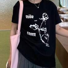 Short-Sleeved T-Shirt With Round Neck, Floral Print And Black Lettering, Loose Fit, Made Of Pure Cotton, Casual Style, New Summer Style, Slimming Effect. - 黑色短袖[R0se一支花] - 查看 7
