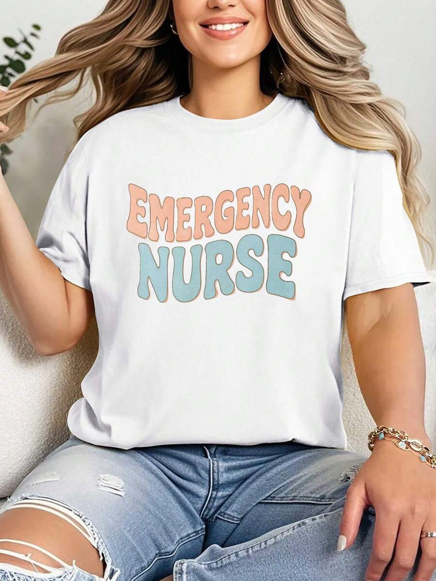 VivaGlam-Women'S Retro Emergency Nurse Graphic T-Shirt - Comfort Fit with Bold Red & Teal Lettering, Casual Workwear for Nurses, EMTs, Paramedics - All-Season Round Neck Tee, Nurse Shirt, Paramedic Apparel, Paramedic Uniform, Versatile Apparel, Geometric Pattern, Professionals, Emt Clothing - Blanco - Ver 1