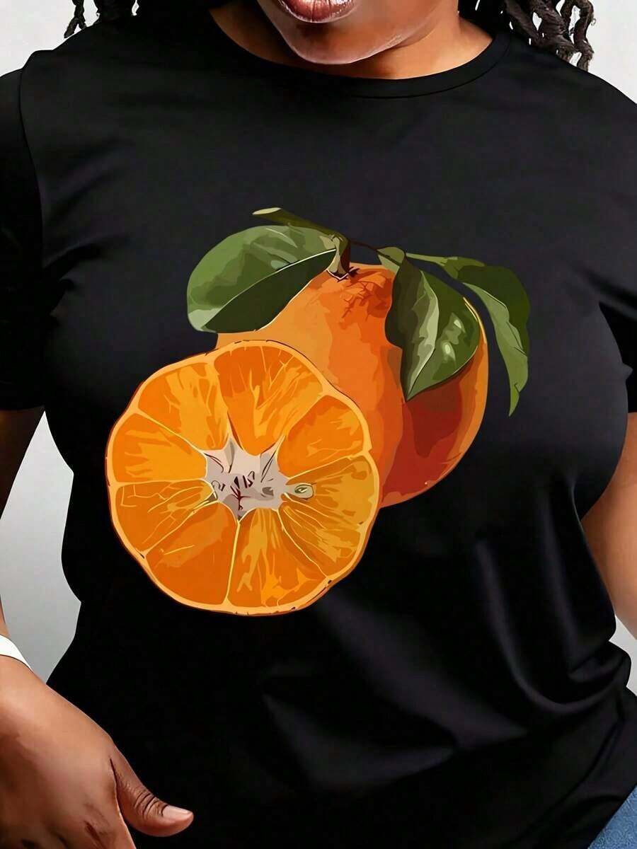 Diseñada para mujeres modernas, elegantes y cómodas. Camiseta casual para mujer, estampado geométrico naranja, cuello redondo, mangas cortas, longitud regular. Confeccionada con tela suave y transpirable de primera calidad, diseñada para ofrecer comodidad durante todo el día y uso diario versátil, perfecta para salidas informales. - Negro - Ver 1