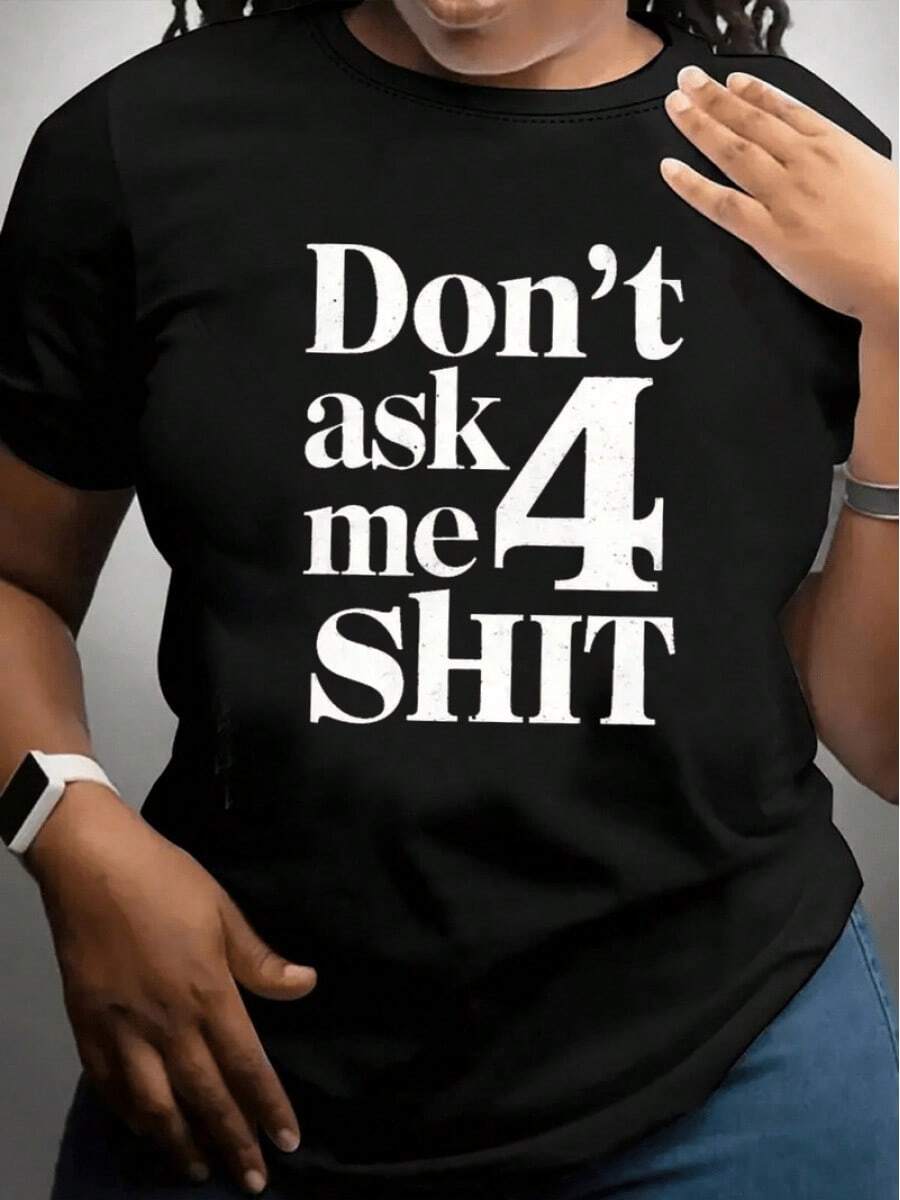 Women's Casual Sports T-Shirt With Bold White Text Design - Black Stretch Crew Neck T-Shirt, Machine Washable And Suitable For All Seasons. Opaque Fabric Leisure Garment That Combines Modern Style And Comfort. - 黑色 - 查看 1