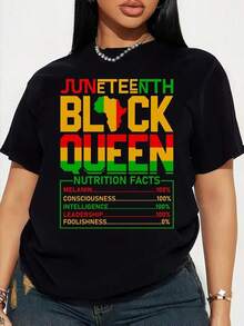Camiseta de Mujer "Juneteenth Black Queen" - Colores Pan-Africanos de la Herencia Africana (Verde/Amarillo/Rojo) con Mapa de África y Símbolo, Estilo Y2K, Manga Corta, Cuello Redondo, Top Casual para Celebraciones de Juneteenth, Regalo de Orgullo Africano - Negro - Ver 1