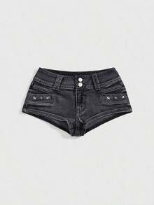 SHEINxHITOMI Shorts vaqueros de mujer con estilo vintage, cintura súper baja, decorados con calavera y remaches, estilo - Gris Claro - Ver 8
