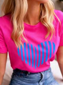 Summer Casual Striped Heart Print T-Shirt - Hot Pink - View 3