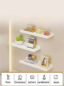 1pc White Floating Wall Shelf, Multi-Functional Wall-Mounted Storage Rack For Home! Upgraded Thickened Board With Strong Load-Bearing Capacity, Moisture-Proof And Scratch-Resistant, Not Easily Deformed, No-Drill/Drill Dual Installation Options, Suitable For Renters And Families. Perfect For Keys And Sundries In Entryway - View 3