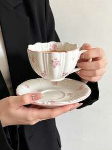 1pc French Retro Embossed Cherry Blossom Coffee Cup & Saucer, Exquisite Luxury Creative Floral Ceramic Cup & Plate, Household Afternoon Tea Cup - Multicolor - View 11