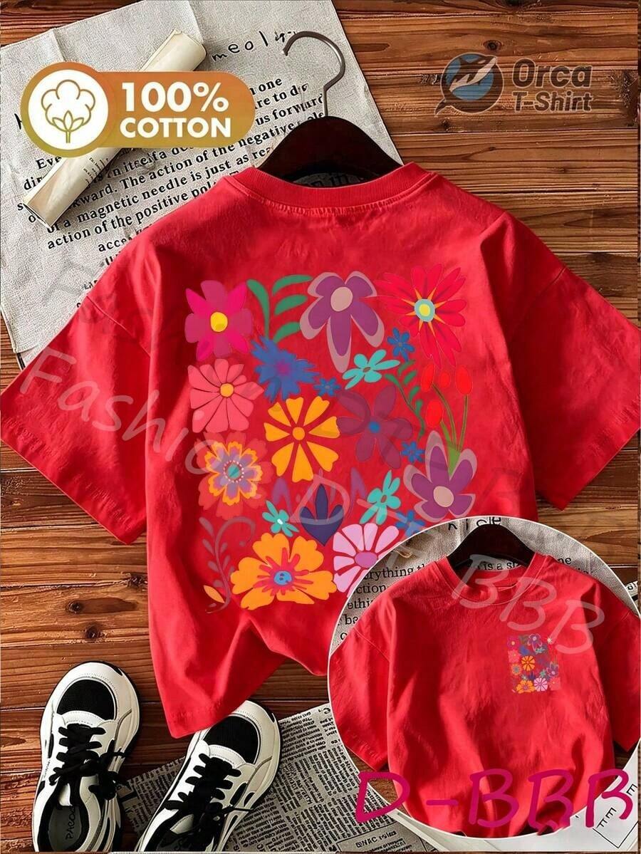 Women's Casual Spring/Summer T-Shirt With Colorful And Contrasting Floral Prints, Double-Sided Print, Cute Retro Style, Crew Neck And Short Sleeves, Perfect For The 4th Of July, World Cup Match Day, Soft And Lightweight T-Shirt, Easy To Match With Any Outfit. Women's 100% Cotton Graphic T-Shirt, Brokey Y2K Style, Crew Neck, Loose Fit. - 紅色 - 查看 1
