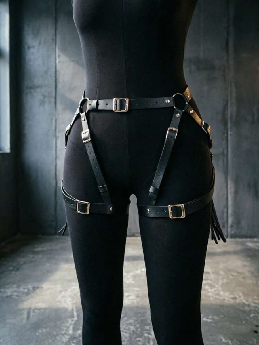 Women's Leather Gothic Tassel Thigh Garter Harness, Adjustable Waist Leg Body Harness Rave Party Accessories - Black - View 1