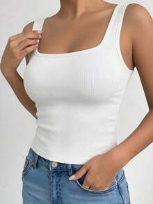 Women's Slim Fit Ribbed White Tank Top U-Neck Sleeveless Casual Daily Wear - White - View 3