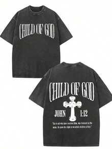 GLEC Child Of God, God Blesses You Classic Retro Fashion Street Cross Jesus Popular Letter Pattern 230g Washed Cotton T-Shirt Men's Summer HighQuality - 黑 - 查看 3