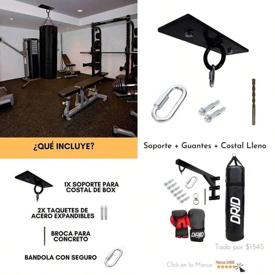 Soporte para Costal de Box de Techo Color Negro Contiene Todo el Kit de instalación y Enganche Listo para Instalar - Negro con Bandola Mosquetn - Ver 1