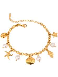 1pc Summer Ocean Style Starfish, Shell, Seahorse, Fish & Pearl Chain Stainless Steel Pendant Bracelet, Suitable For Beach Vacation Wear - Gold - View 3