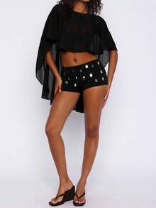 Top corto tipo capa de gasa marrón transparente para mujer, silueta drapeada, chal, ideal para fiestas nocturnas. - Negro - Ver 3