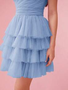 Vestido de malla con volantes y pliegues asimétricos - Celeste - Ver 8