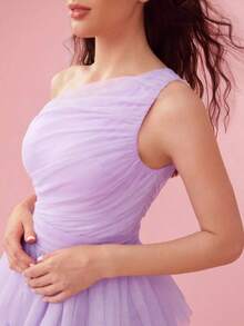 Vestido de malla con volantes y pliegues asimétricos - Púrpura malva - Ver 7