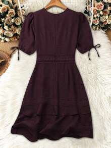 Clasi Vestido mini de manga abullonada con ribete de encaje de unicolor para mujer, para verano - Granada - Ver 2