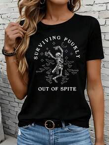 Camisetas de manga corta para mujer en blanco y negro son adecuadas para el ocio diario, el hogar y los viajes al aire libre. Camiseta de Halloween con estampado de esqueleto, divertida y gótica, para mujer, de manga corta, informal, ideal como regalo para fiestas. - Negro - Ver 1