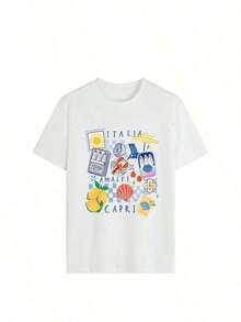 Estética de "Verano Europeo" de TeeWomen: Camiseta con estampado de limones de la isla de Capri, Amalfi.Top de estilo vintage italiano para vacaciones.Ropa de playa y vacaciones a la moda. Camiseta de manga corta / camiseta de manga corta 100% algodón. - Blanco - Ver 2