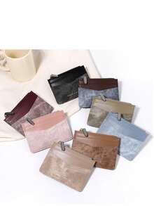 Dompet Koin Ritsleting Patchwork Baru, Dompet Multi-Kartu Minimalis PU untuk Wanita, Pengatur Kartu Warna Kontras, Hadiah - Kopi - View 8