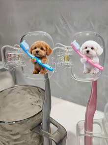 Cute 2 Teddy Dogs Holding Hands Toothbrush Pattern Portable Toothbrush Head Cover Storage Box Toothbrush Protective Cap Holder, Essential Bathroom Accessory For Home, Business Travel, Daily Use, Outdoor Outings, Back To School Gift - Multicolor - View 2
