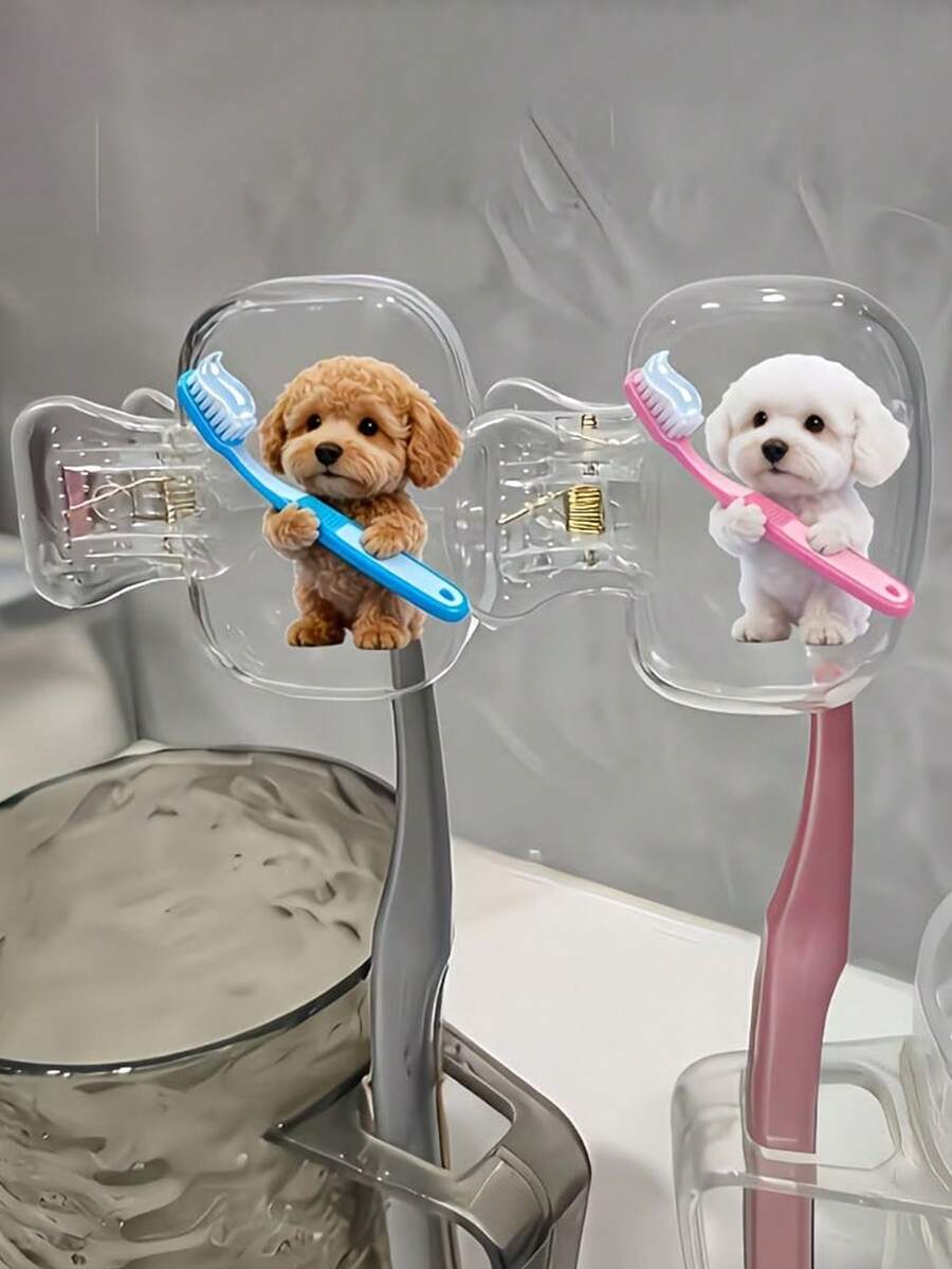 Cute 2 Teddy Dogs Holding Hands Toothbrush Pattern Portable Toothbrush Head Cover Storage Box Toothbrush Protective Cap Holder, Essential Bathroom Accessory For Home, Business Travel, Daily Use, Outdoor Outings, Back To School Gift