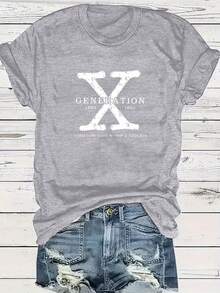 Women's Plus Size "GENERATION X" Graphic T-Shirt - Casual Crew Neck, Short Sleeve, Letter Print For Autumn/Winter - 灰色 - 查看 1