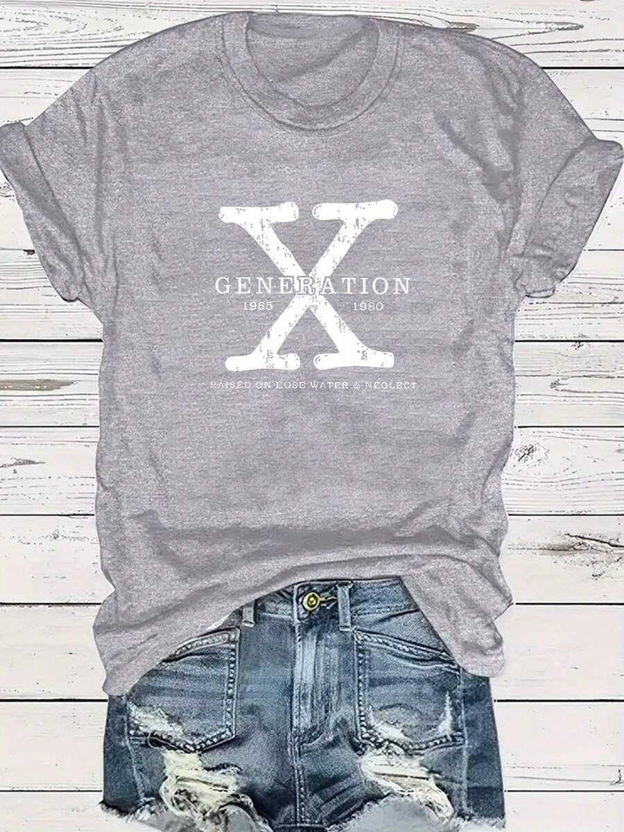 Women's Plus Size "GENERATION X" Graphic T-Shirt - Casual Crew Neck, Short Sleeve, Letter Print For Autumn/Winter - 灰色 - 查看 1