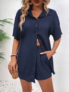 Conjunto de 2 piezas con blusa de manga corta de cuello de botones y shorts con lazo delantero, sencillo, para mujer - Azul marino - Ver 4