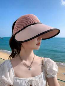 1pc Women's Solid Color Knitted Wide Brim Sun Hat, Breathable Mesh Top, Suitable For Hiking, Travel, Outdoor Activities, Spring/Summer Beach Vacation Design - Multicolor - View 4